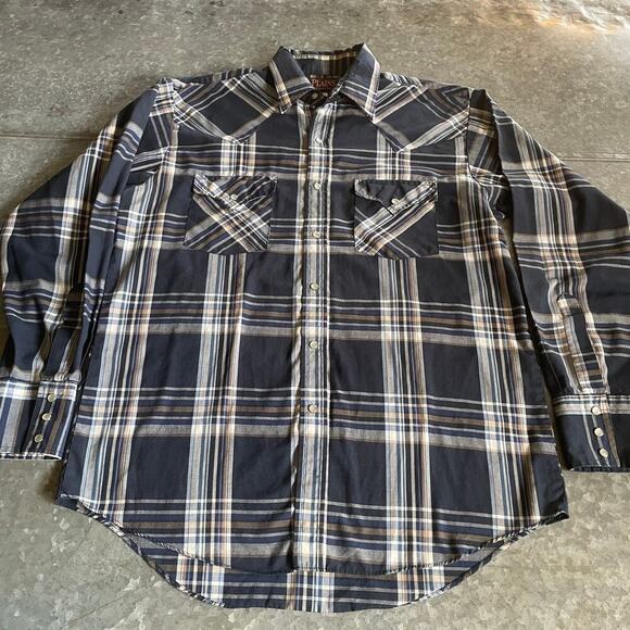 Plains Western Wear Pearl Snap Button Shirt Mens Medium Blue Plaid Vintage 90s - Picture 1 of 7